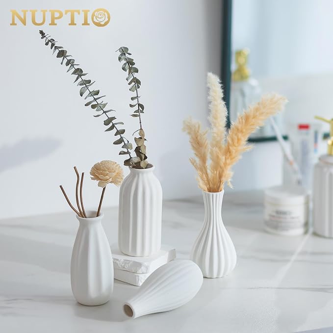 NUPTIO White Ceramic Bud Vase: Small Assorted Vases 4 Pcs, Unglazed | Table - Image 2