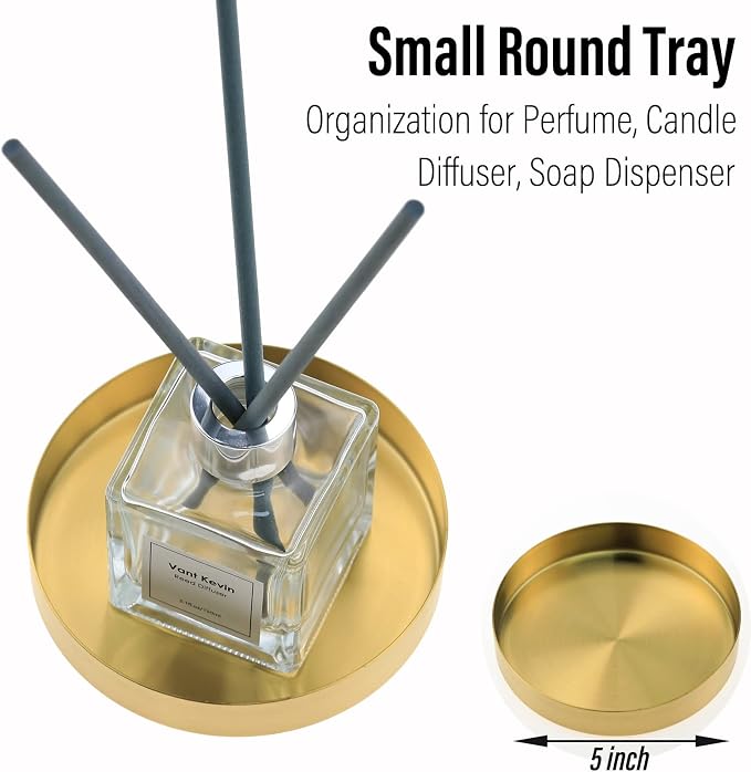 FREELOVE 5 Inch Brushed Gold Round Tray, Stainless Steel Brass Decorative Tray - Image 2