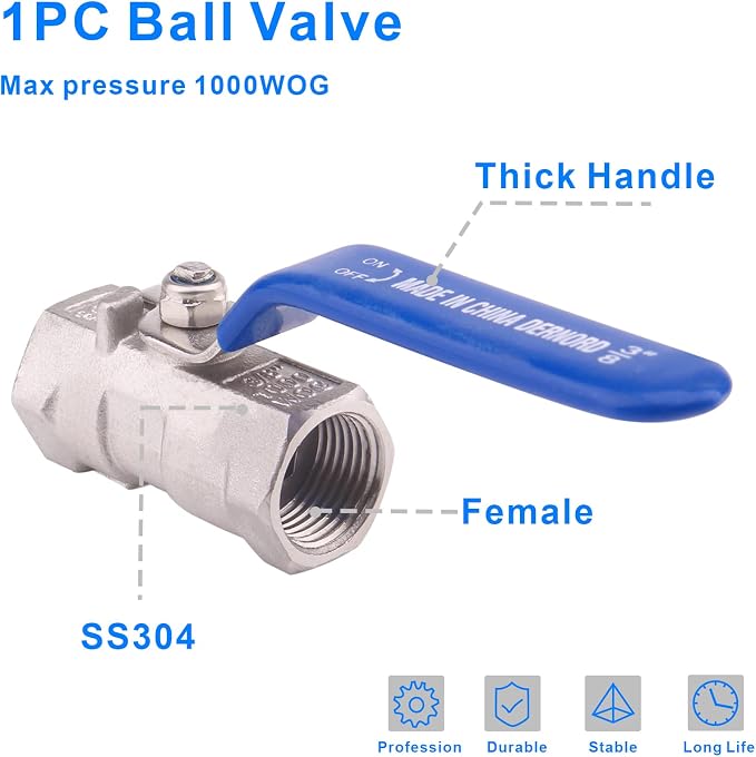 DERNORD Stainless Steel Ball Valve 1PC Type 3/8 Inch NPT Standard Port - Image 3
