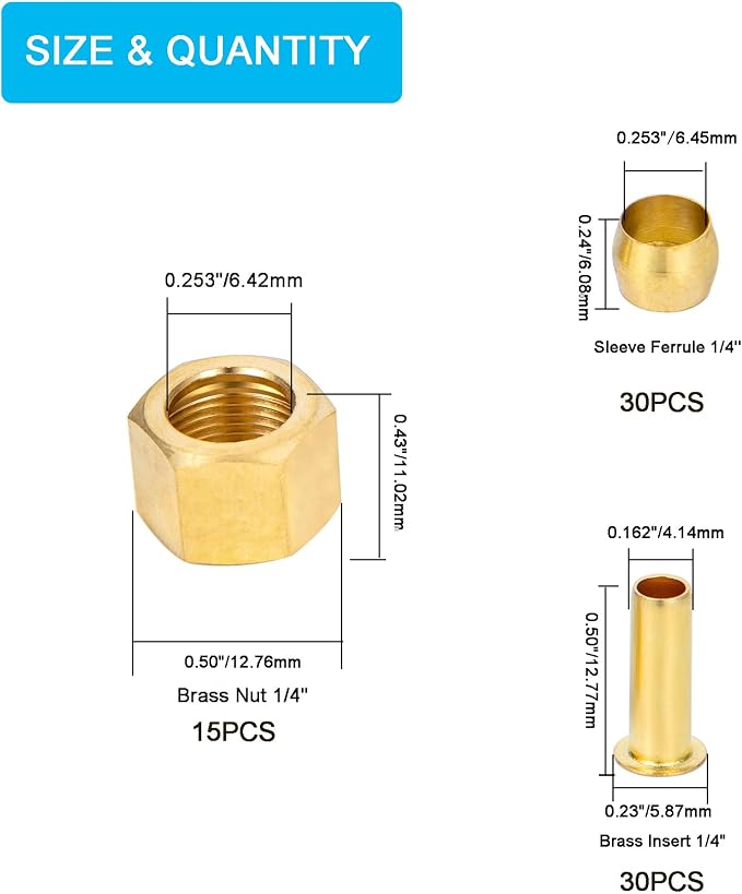 1/4 Inch OD Brass Compression Insert, Sleeve Ferrule, Nut 75PCS - Image 2