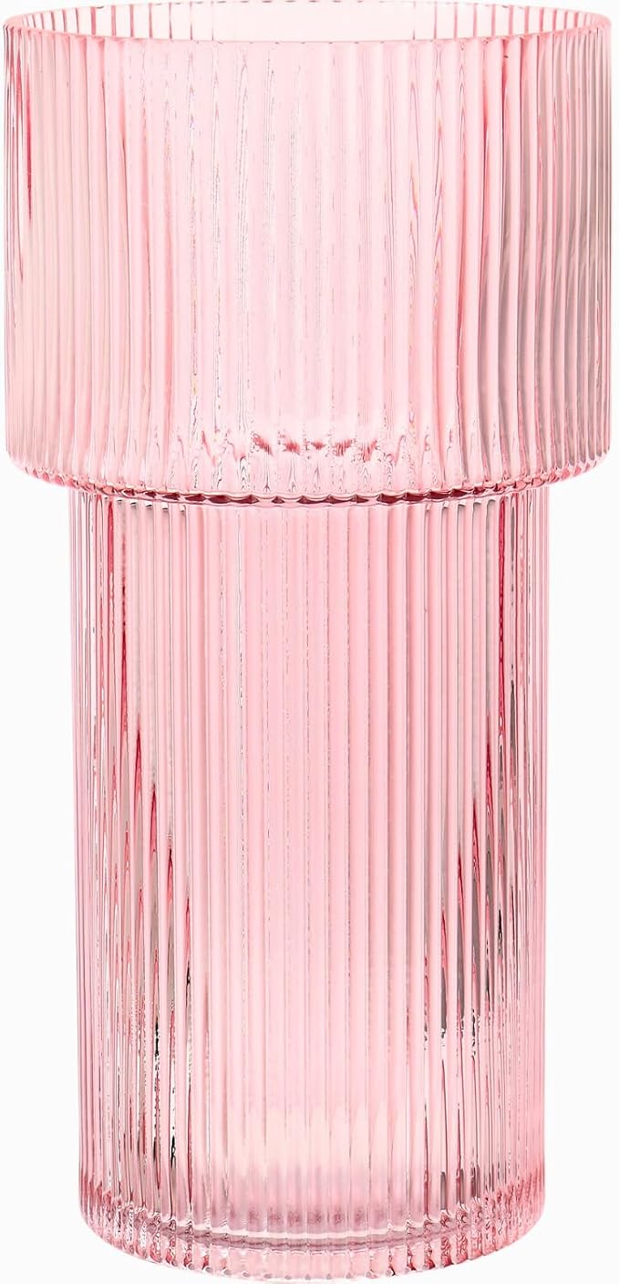 Large Pink Glass Vase, 12 Inches Tall Fluted Vase by YANWE