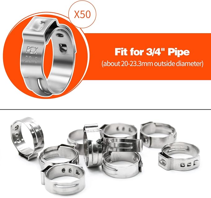 50 Pack 3/4" PEX Cinch Clamps, Stainless Steel Single Ear Hose Clamps - Image 2