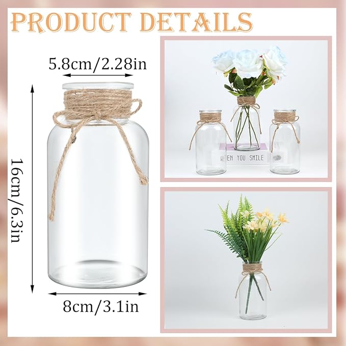 12 Pack Mason Jar Vases for Centerpieces, Wide Mouth Mason Jars - Image 2