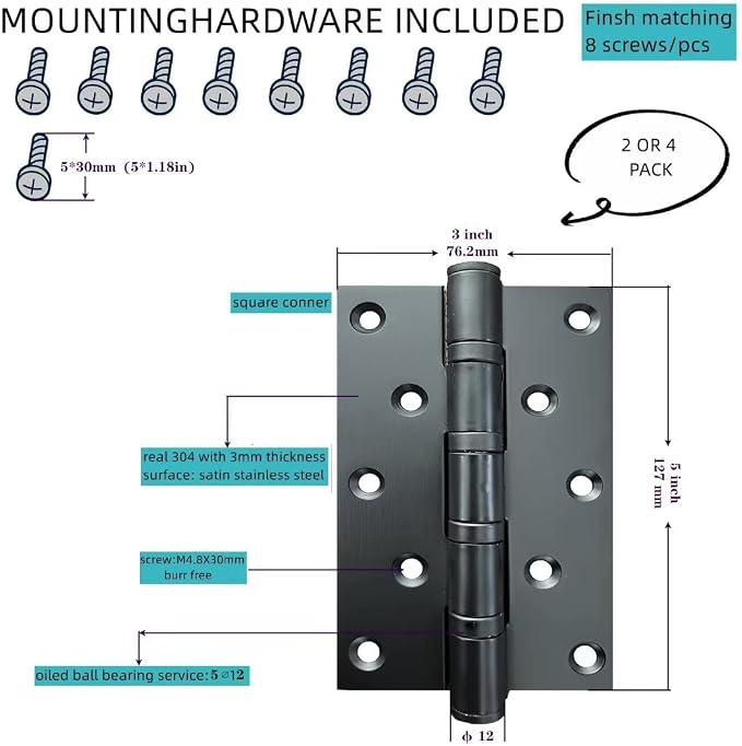 Matte Black 5 inch Stainless Steel Door Hinges, Heavy Duty Interior/Exterior - Image 2
