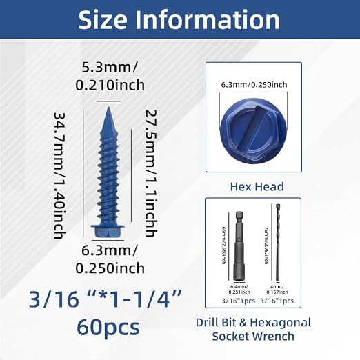 60Pcs 3/16" x 1-1/4" Concrete Screws - Image 2