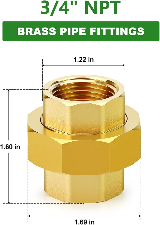1PCS Brass Union，3/4" NPT Female x 3/4" NPT Female Brass Pipe Fitting - Image 2