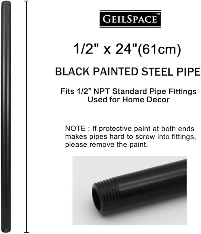 6 Pack 1/2" × 24" Pre-Cut Black Metal Pipe, Industrial Steel Fits Standard Half - Image 2
