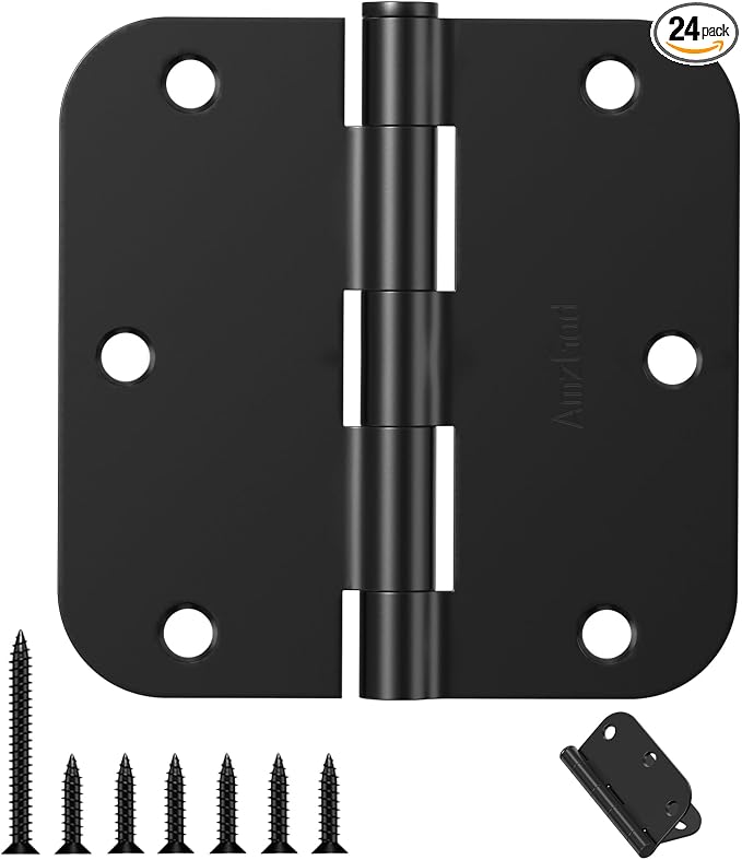 Door Hinges Matte Black 3.5 Inch Rounded 5/8" Radius 24 Pack | Black Interior by AmzGod