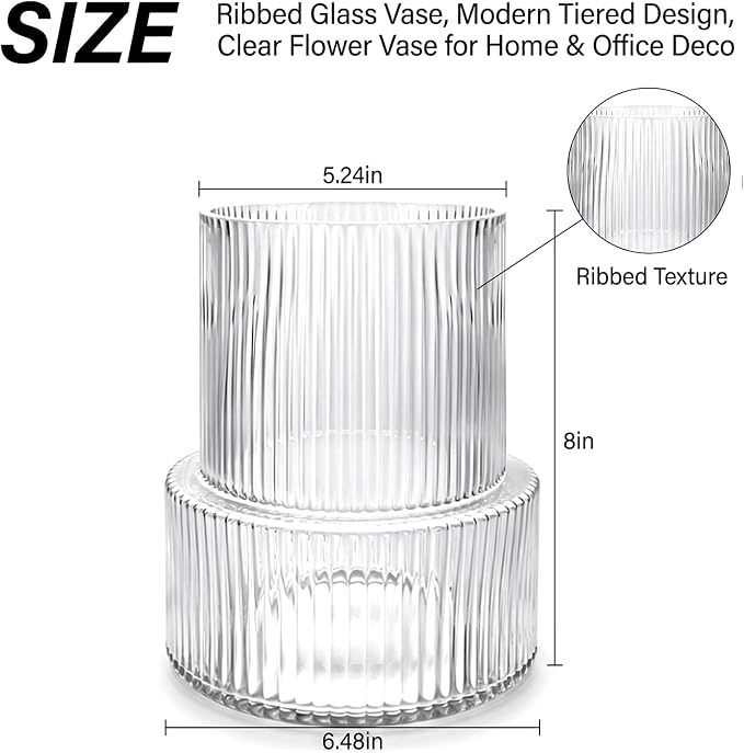 Ribbed Glass Cylinder Vase Set, Home Decor, Tall Fluted Glass - Image 2