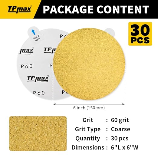 6-Inch 60-Grit Gold PSA Sanding Discs, 30 Pack – Pro-Grade Self-Adhesive - Image 2