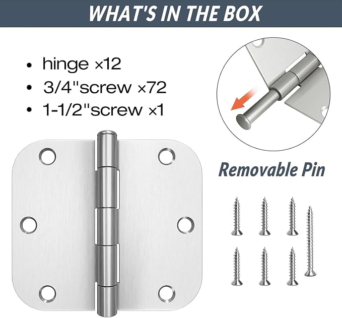 HOSOM 12 Pack Rounded Door Hinges Brushed Nickel 3.5 x 3.5 inch - Image 3