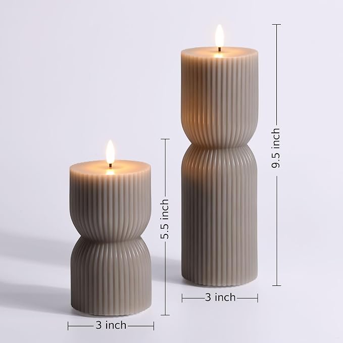 Taupe Ribbed Flameless Pillar Candles - Image 2