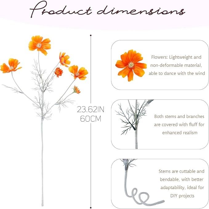 4 Pcs Orange 24" Tall Artificial Cosmos Flowers - Image 2