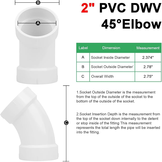 3Pack 2" PVC DWV Sanitary 45-Degree Elbow Pipe Fitting Connector White SCH40 2" - Image 2