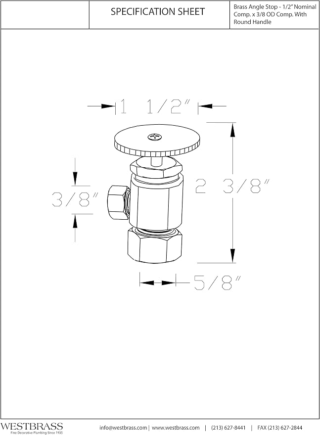 Westbrass A105-12 Round Handle Angle Stop Shut Off Valve, 1/2" Copper Pipe Inlet - Image 2