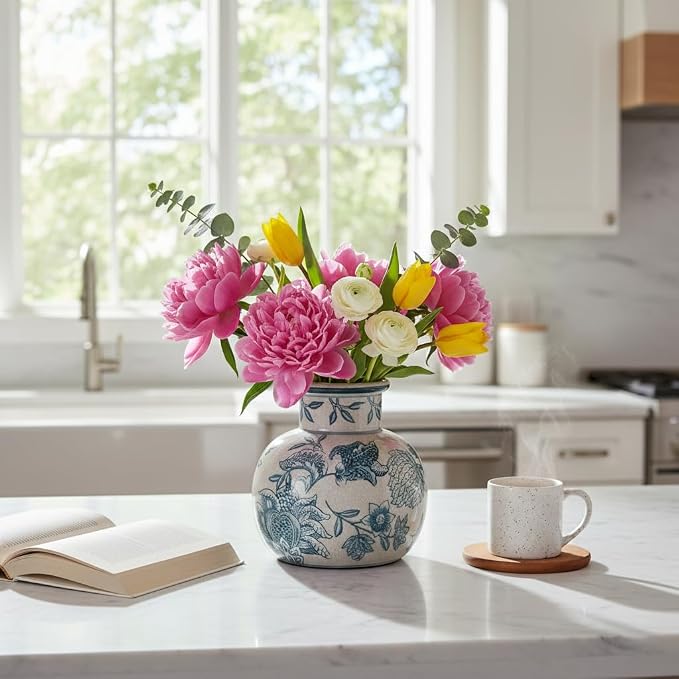 SIDUCAL Blue and White Vintage Vase | 6 Inch Ceramic Chinoiserie Floral | Retro - Image 4