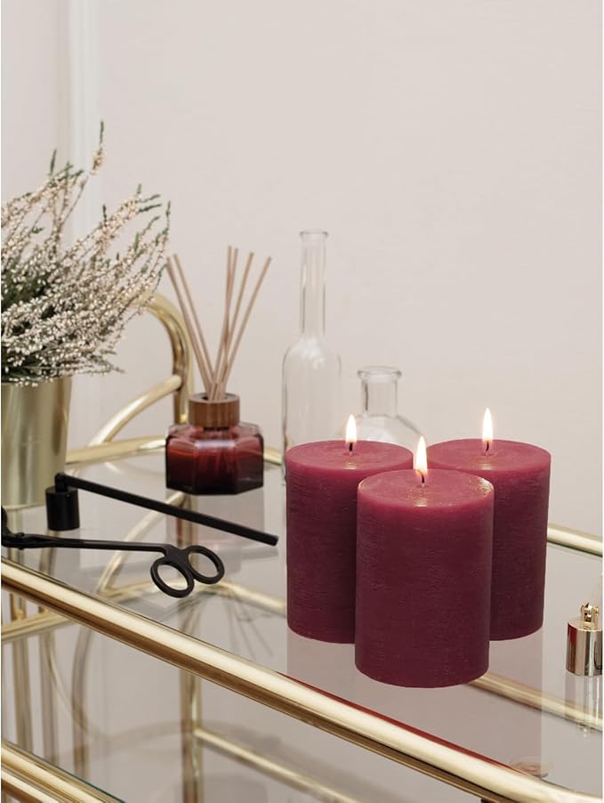 3x4 inch Pillar Candles Set of 3 – Unscented Dripless Rustic Burgundy Candles - Image 5