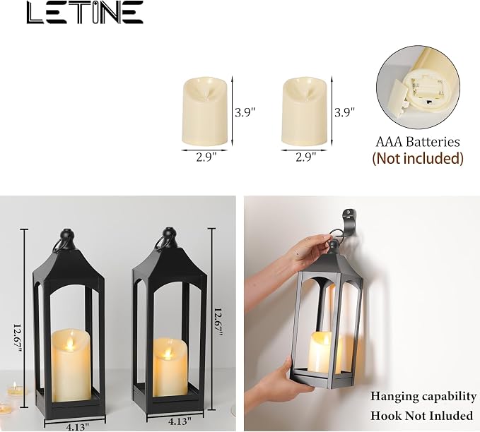 LETINE 2-Pack 12.67" Black Metal Farmhouse Candle Lanterns - Image 2