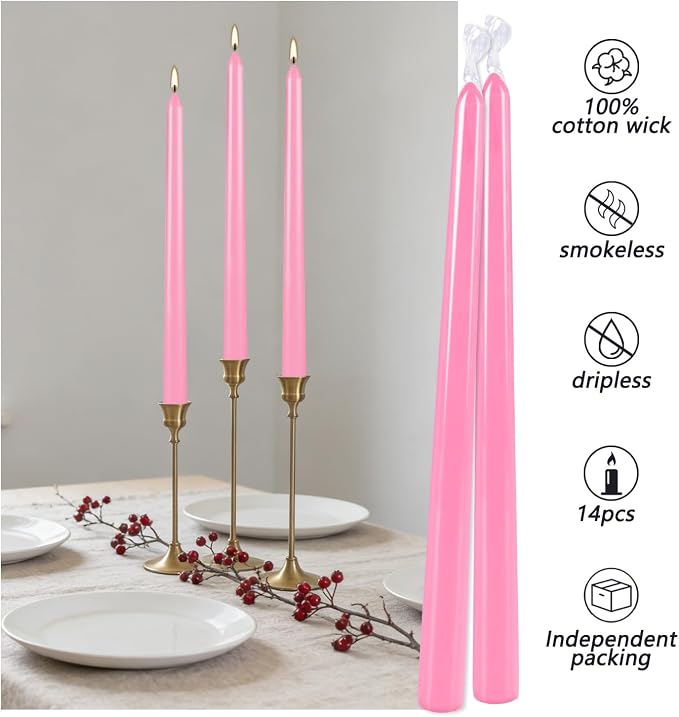 Howemon 14 Pack Pink Taper Candles 12 Inch Tall 3/4 Inch Thick Burn 10 Hours - Image 4