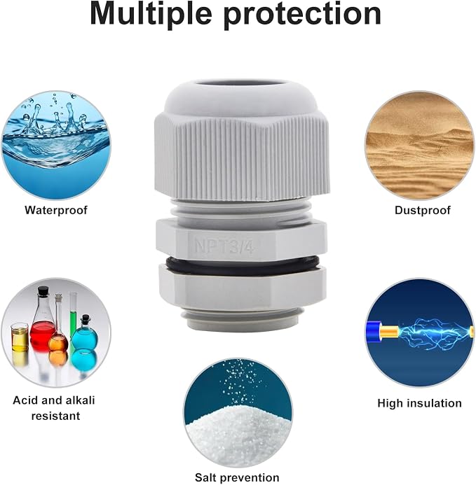 AnRui 15Pcs Waterproof NPT Cable Glands 3/4” Grey Nylon Adjustable Cable Gland - Image 5