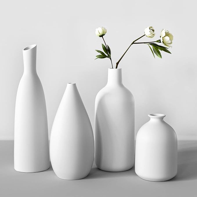 White Ceramic Vase Set of 4, Modern Farmhouse Decorative Vases by Beinhome