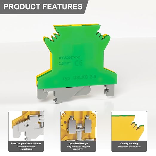 10Pcs USLKG2.5 Ground Circuit Connection Terminal Block, 2.5 mm²AWG | 10 Pcs - Image 2