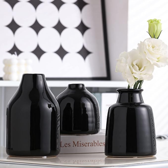 Black Small Vase Set of 3 for Modern Home Decor, Ceramic Vases for Centerpieces - Image 2