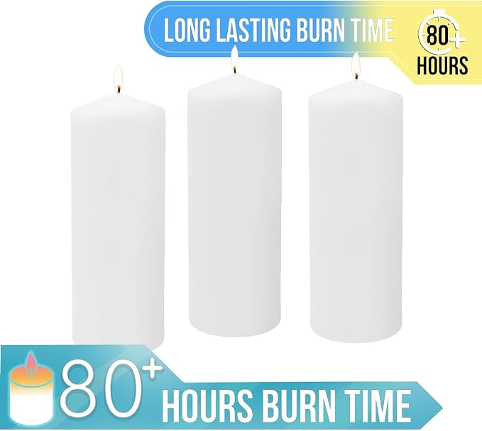 Stonebriar 3 Pack Tall 3 x 8 Inch 80 Hour Long Burning Unscented White Wax - Image 5