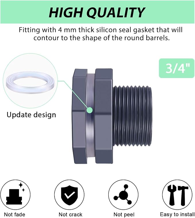 Outus 2 Pieces 3/4 Inch PVC Bulkhead Fitting, Rain Barrel Tank Adapter - Image 4