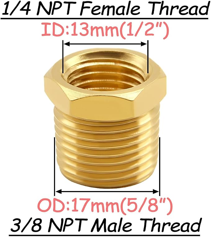Uenede Brass 3/8" NPT Male to 1/4" NPT Female Reducer Bushing - Image 2