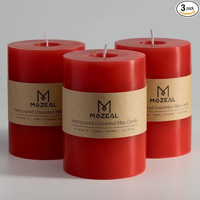 MOZEAL 3" x 4" Hand-Poured Unscented Candle, Dripless Pillar Candle Set of 3 by MOZEAL