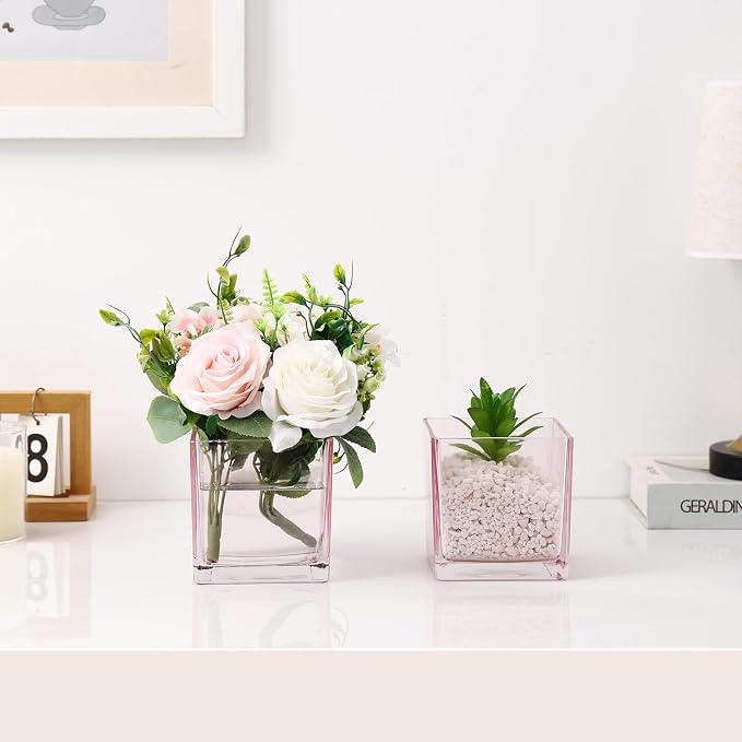 Square Pink Glass Vases Set of 2, Flower Vases - Image 4