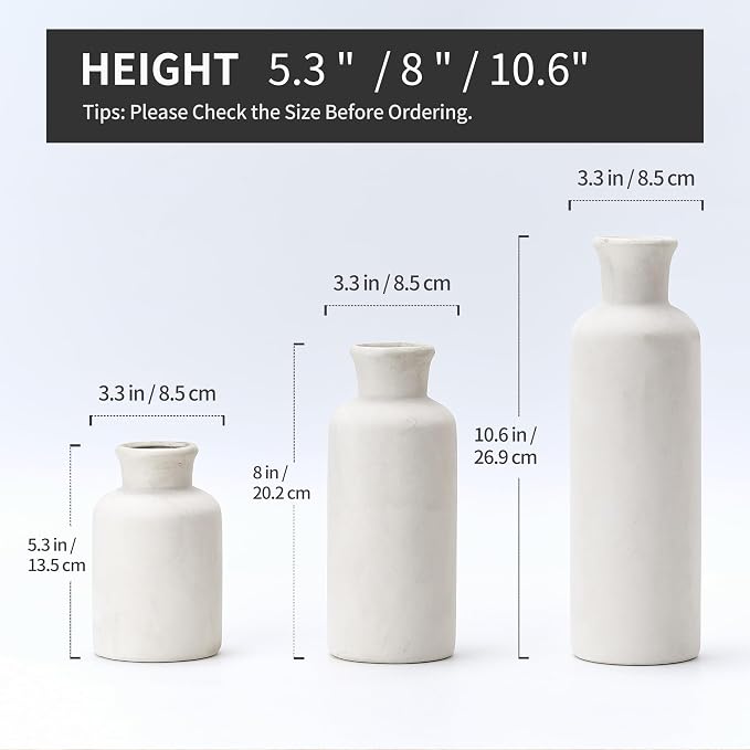 Vintage Ceramic Vase Set of 3, Antique-White Terracotta Vases - Image 2