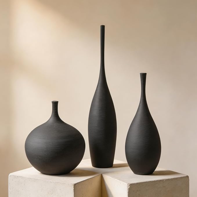 Black Ceramic Vases Set of 3, Modern Boho Vases by DecoVlog