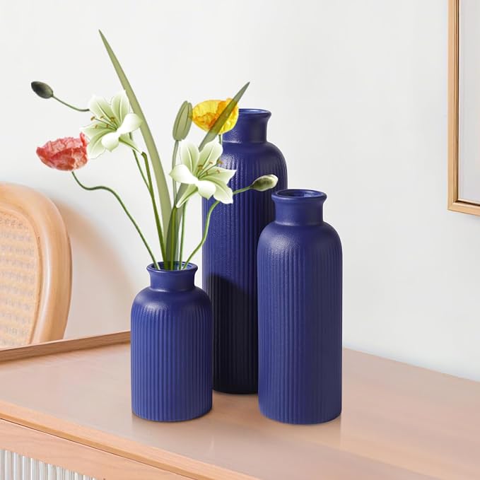 Small Navy Blue Ceramic Vase Set of 3, Boho Modern Navy Blue Flower Vase Room - Image 8