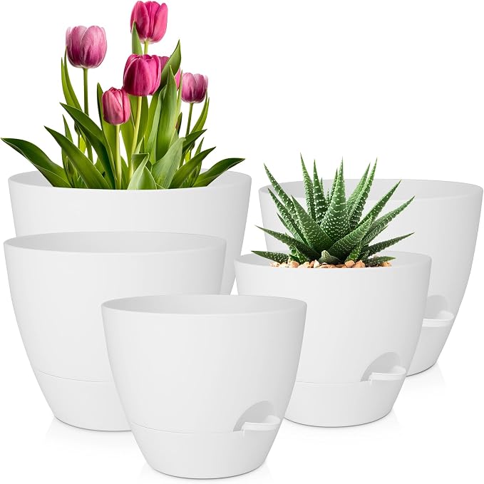 QRRICA Plant Pots 10/9/8/7.5/7 Inch Self Watering Pots, Plastic Flower Pots by QRRICA