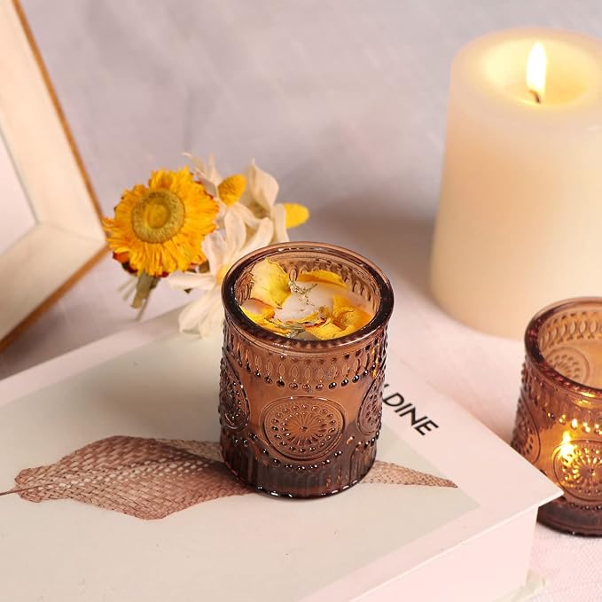 DEVI 24pcs Vintage Amber Votive Candle Holders, Amber Glass Tea Lights Candle - Image 6