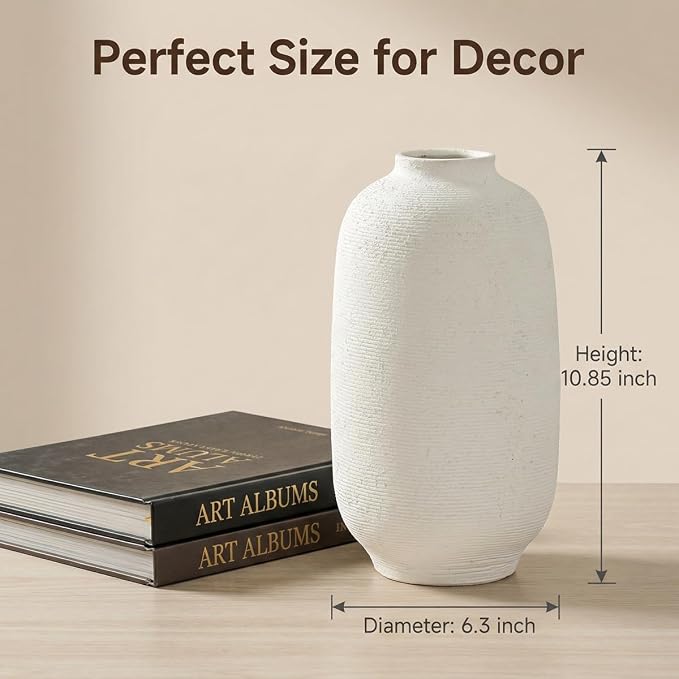 White Ceramic Flower Vase, 10.8" H | Tall Farmhouse Style, Hand-made Textured - Image 2
