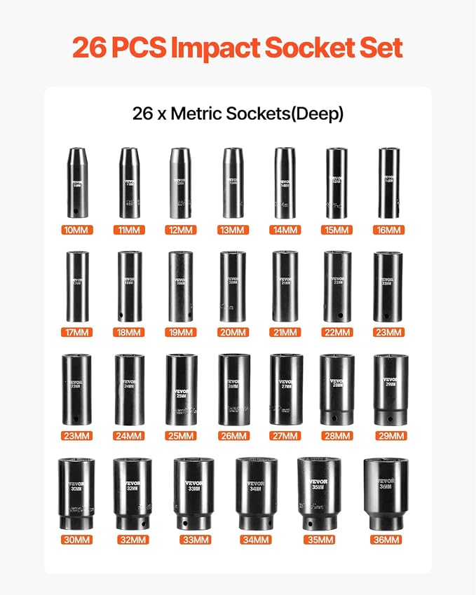 VEVOR Impact Socket Set 1/2 Inches 26 Piece Deep Sockets, Rugged Construction - Image 3