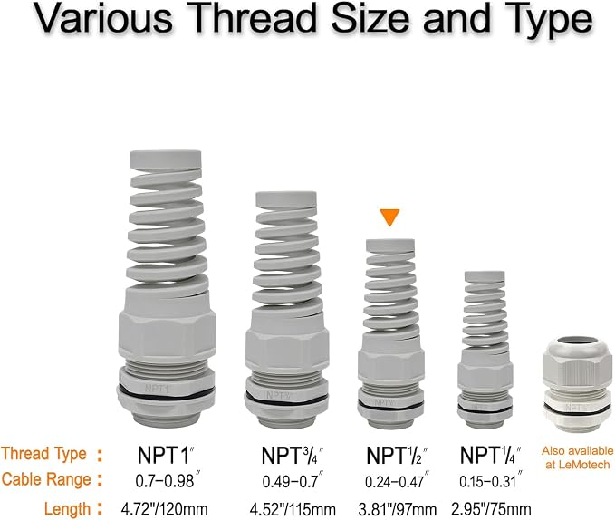 20Pcs NPT 1/2" IP68 Waterproof Cable Gland Flex Spiral Strain Relief Grey Nylon - Image 6