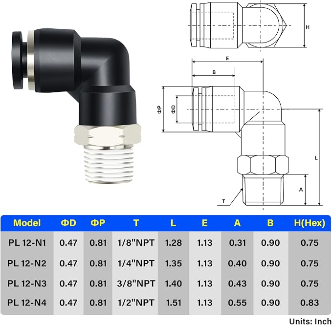 TAILONZ 12mm x 1/8" NPT Push to Connect Elbow Fitting 5pcs | Copper&Plastic - Image 2