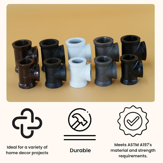 1/2" TEE Industrial Threaded Black Iron Pipe Fittings; Black Satin Finish - Image 4