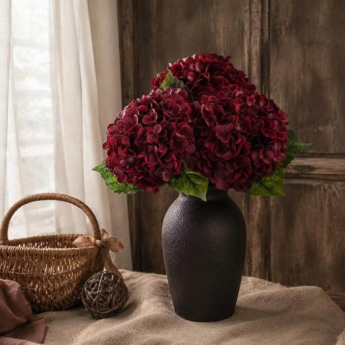 Red Burgundy Hydrangea Artificial Flowers, Faux Hydrangea Flowers, Latex - Image 7