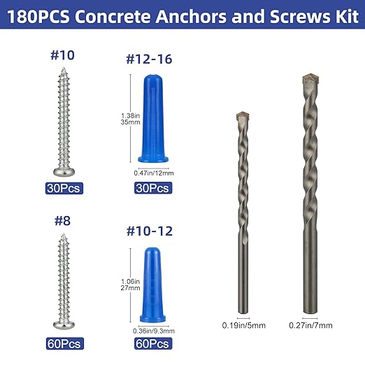 VGBUY 180PCS Conical Concrete Anchors and Screws Assortment Kit, - Image 4