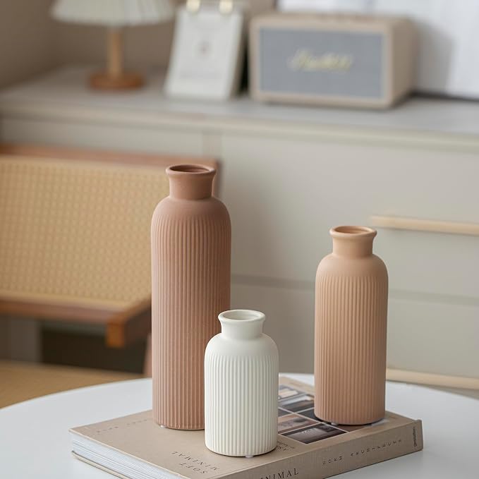 Modern Ceramic Vase Set, Earth Tone Natural Color Ribbed Matte Design, 3-Piece - Image 7