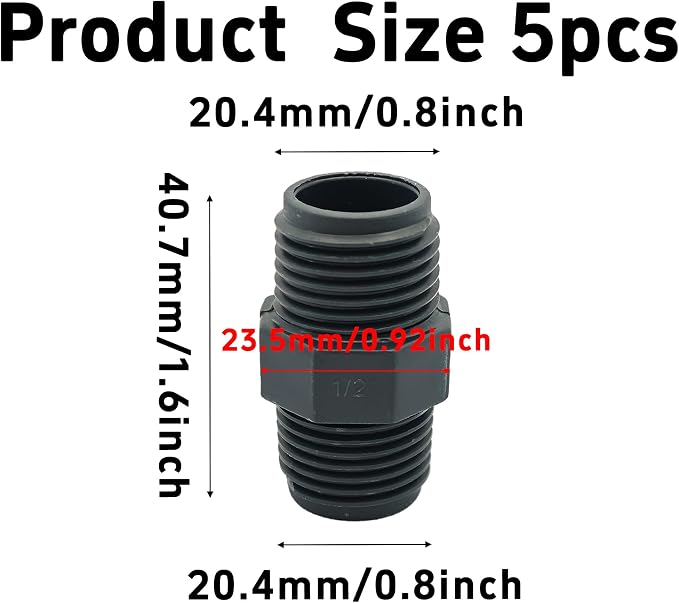 5PCS 1/2" PVC Hex Nipple Fitting, G1/2 X G1/2 Male Thread Coupling Adapter - Image 2