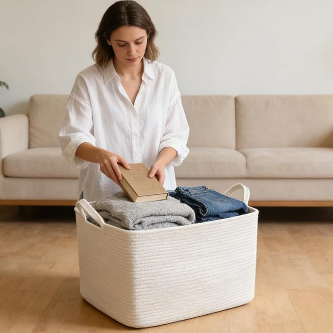 96L Woven Laundry Basket with Handles, Extra Blanket Basket, Living Room - Image 4