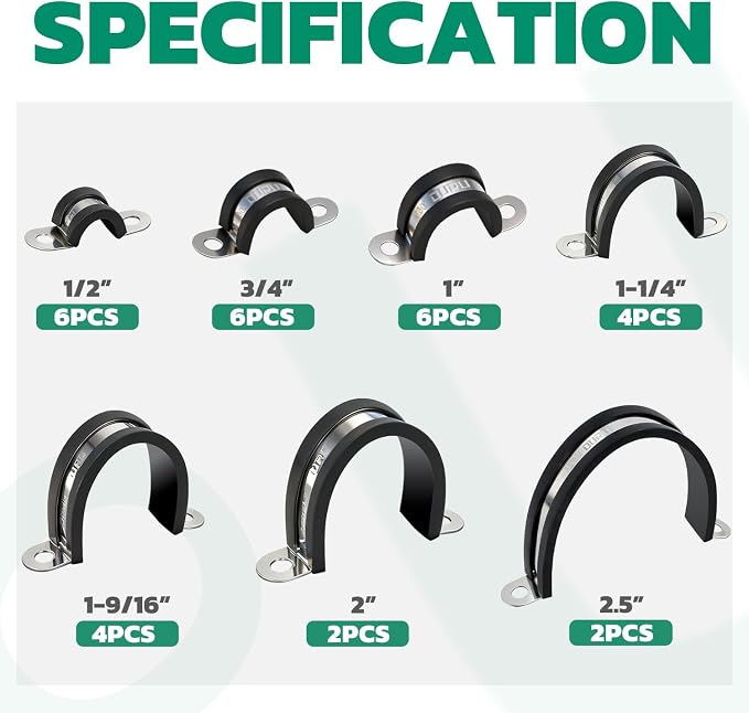 OURU 30PCS Pipe Strap Kit Fits 0.51"-2.52" OD, Rubber U Bracket, 7 Sizes | 304 - Image 2