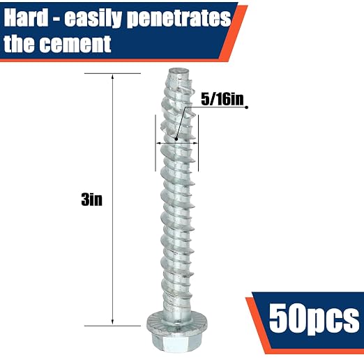 Tandefio 50 Pack 5/16" x 3" Concrete Screw Anchor Galvanized Large Diameter - Image 2