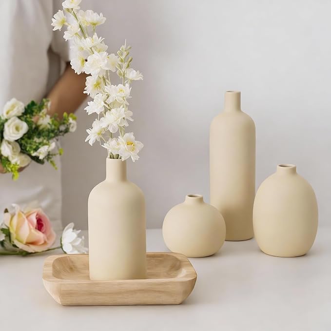Beige Ceramic Vase Set of 4, Modern Neutral Colors Home Decor, Rustic Farmhouse - Image 8